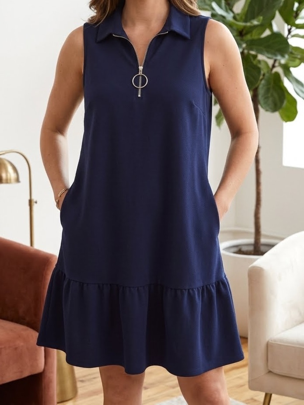 CeCe Dress Navy Blue Sleeveless Silver Hardware Zipper Ruffle Hem Shift XL